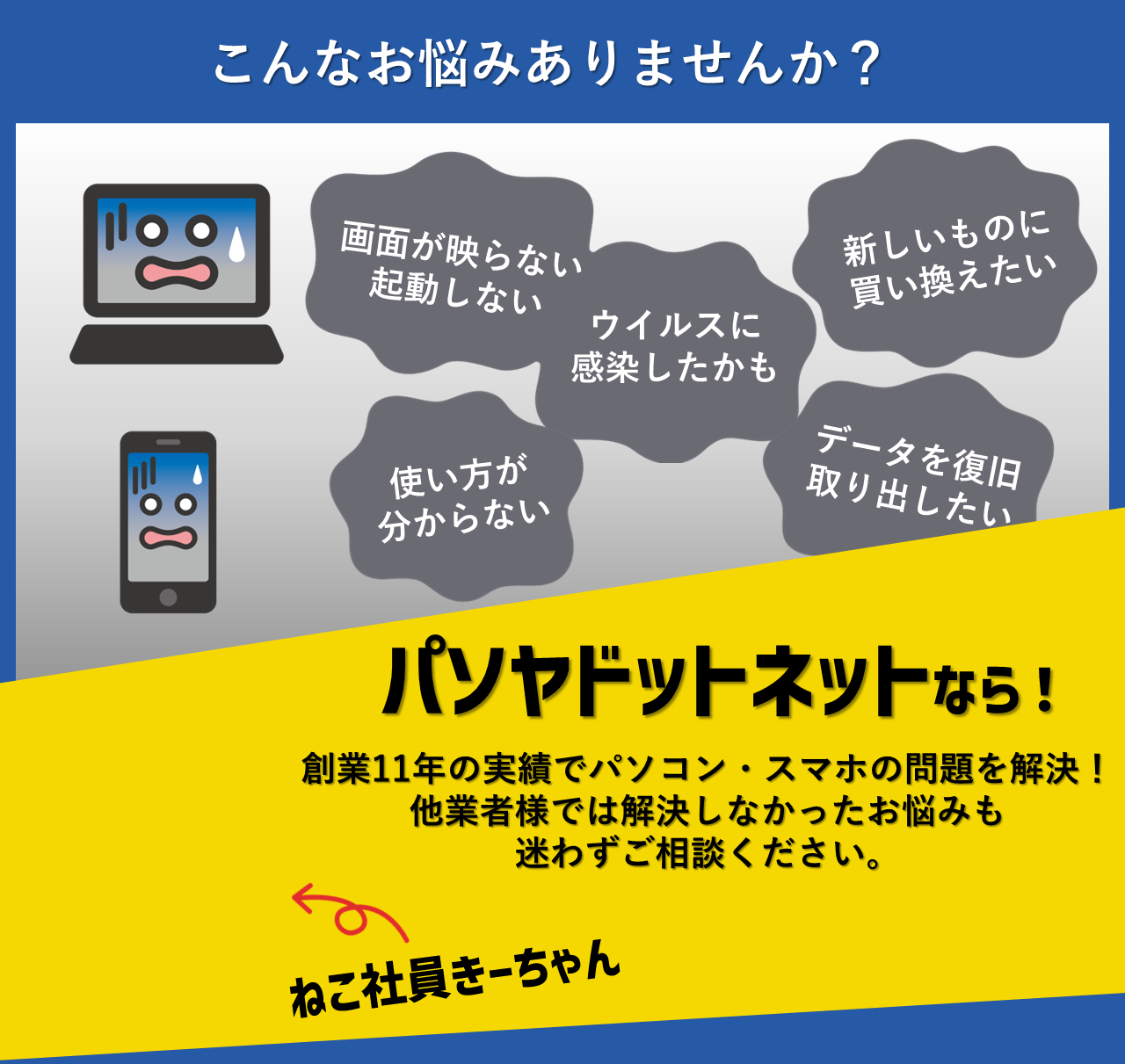 画面が映らない・起動しない・ウイルスに感染した・データを復旧